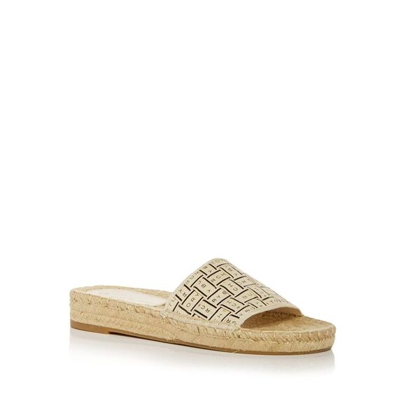 AQUA Womens Beige Mixed Media Contrast Whip-Stitching Woven Open Toe Platform Slip On Slide Sandals Shoes B